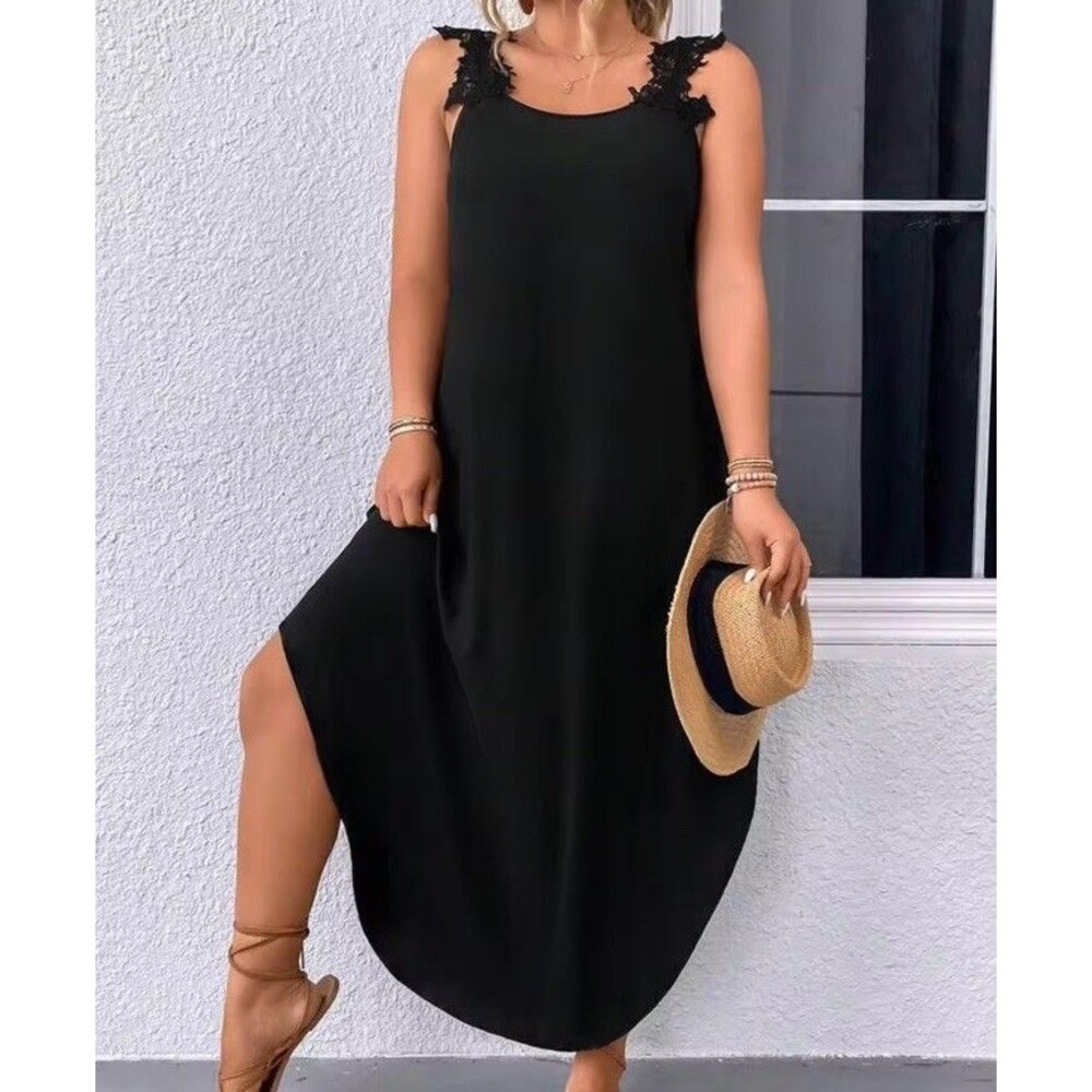 SHEIN LUNE Plus Appliques Curved Hem Black Floral Lace Strap Maxi Dress 3XL NEW